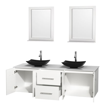 Open Vanity View with White Stone Top, Vessel Sinks, and 24" Mirrors