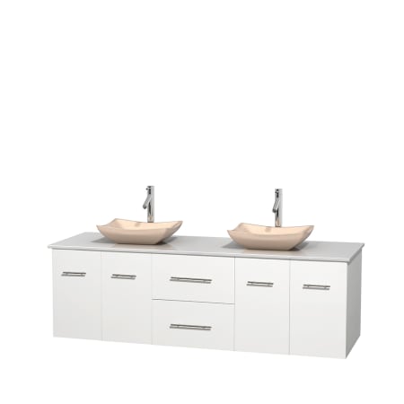 Full Vanity View with White Stone Top and Vessel Sinks