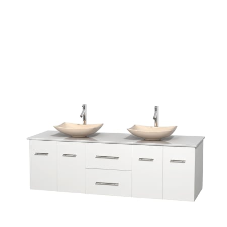 Full Vanity View with White Stone Top and Vessel Sinks