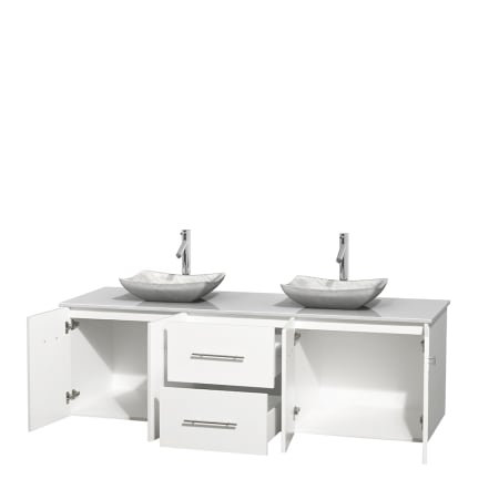 Open Vanity View with White Stone Top and Vessel Sinks