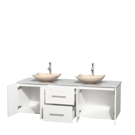 Open Vanity View with White Stone Top and Vessel Sinks