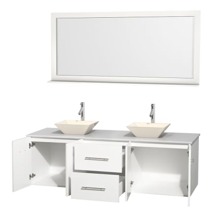 Open Vanity View with White Stone Top, Vessel Sinks, and 70" Mirror