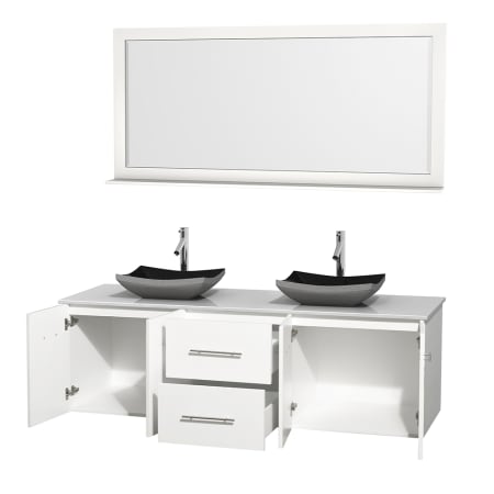 Open Vanity View with White Stone Top, Vessel Sinks, and 70" Mirror