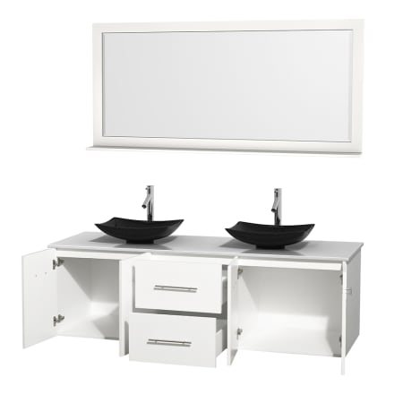 Open Vanity View with White Stone Top, Vessel Sinks, and 70" Mirror