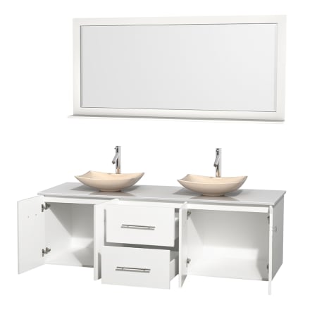 Open Vanity View with White Stone Top, Vessel Sinks, and 70" Mirror