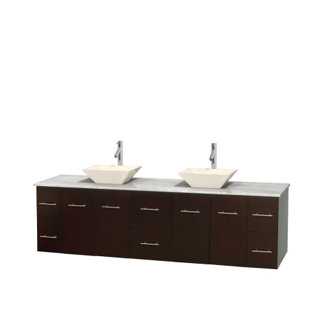 Full Vanity View with White Carrera Marble Top and Vessel Sinks