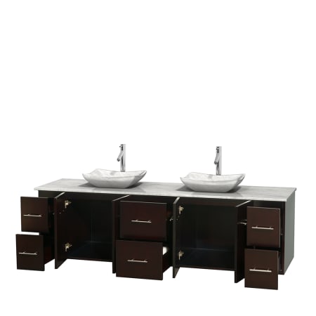 Open Vanity View with White Carrera Marble Top and Vessel Sinks