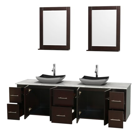 Open Vanity View with White Carrera Marble Top, Vessel Sinks, and 24" Mirrors