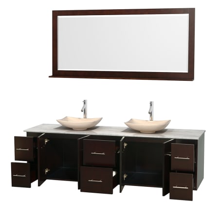 Open Vanity View with White Carrera Marble Top, Vessel Sinks, and 70" Mirror