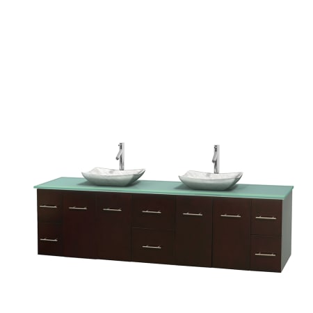 Full Vanity View with Green Glass Top and Vessel Sinks