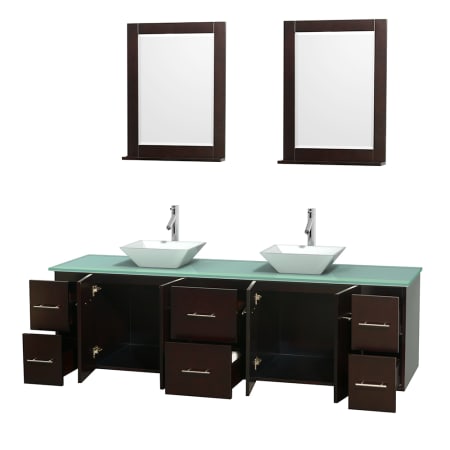 Open Vanity View with Green Glass Top, Vessel Sinks, and 24" Mirrors