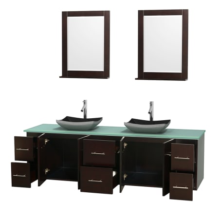 Open Vanity View with Green Glass Top, Vessel Sinks, and 24" Mirrors