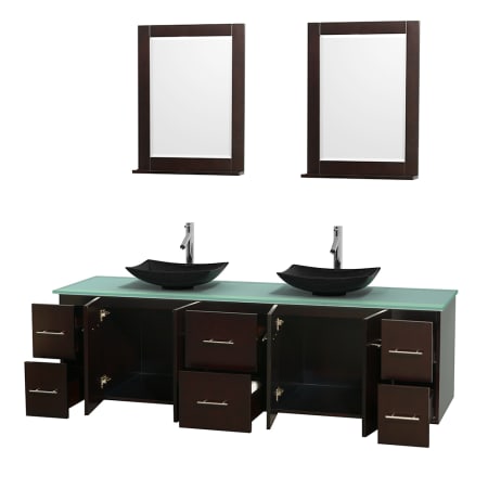 Open Vanity View with Green Glass Top, Vessel Sinks, and 24" Mirrors