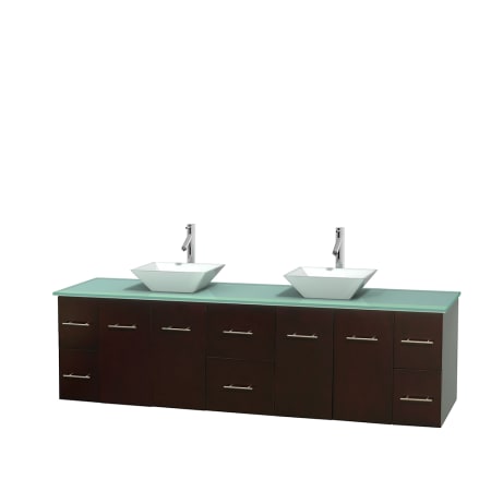 Full Vanity View with Green Glass Top and Vessel Sinks