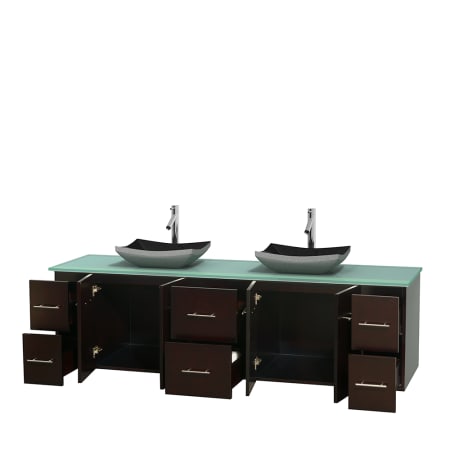 Open Vanity View with Green Glass Top and Vessel Sinks