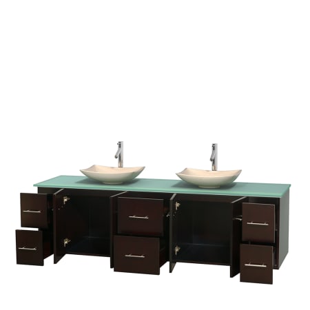 Open Vanity View with Green Glass Top and Vessel Sinks