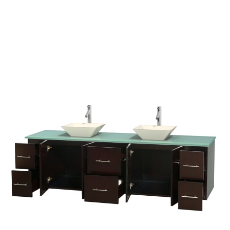 Open Vanity View with Green Glass Top and Vessel Sinks