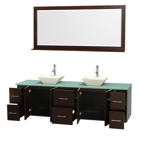 Open Vanity View with Green Glass Top, Vessel Sinks, and 70" Mirror