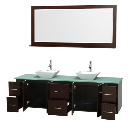 Open Vanity View with Green Glass Top, Vessel Sinks, and 70" Mirror