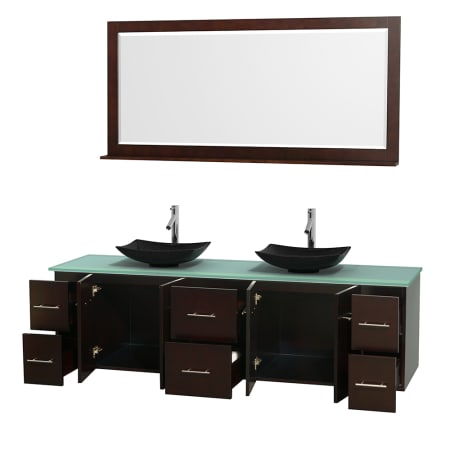 Open Vanity View with Green Glass Top, Vessel Sinks, and 70" Mirror