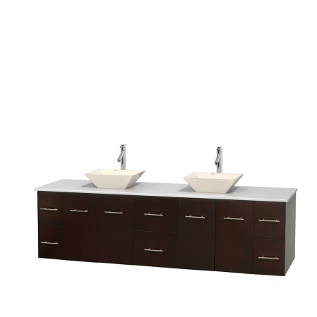 Full Vanity View with White Stone Top and Vessel Sinks