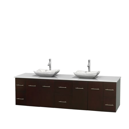 Full Vanity View with White Stone Top and Vessel Sinks