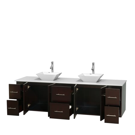 Open Vanity View with White Stone Top and Vessel Sinks