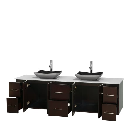 Open Vanity View with White Stone Top and Vessel Sinks