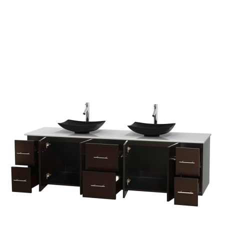 Open Vanity View with White Stone Top and Vessel Sinks