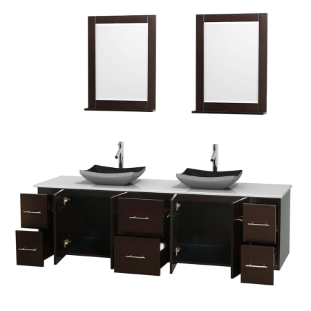 Open Vanity View with White Stone Top, Vessel Sinks, and 24" Mirrors