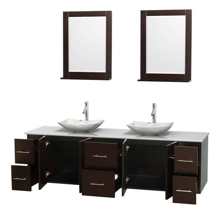 Open Vanity View with White Stone Top, Vessel Sinks, and 24" Mirrors