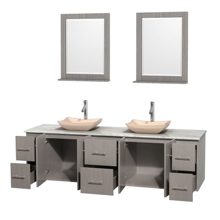 Open Vanity View with White Carrera Marble Top, Vessel Sinks, and 24" Mirrors