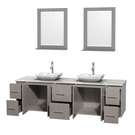 Open Vanity View with White Carrera Marble Top, Vessel Sinks, and 24" Mirrors