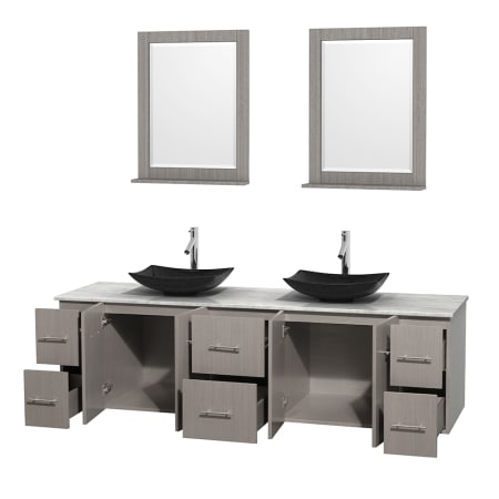 Open Vanity View with White Carrera Marble Top, Vessel Sinks, and 24" Mirrors