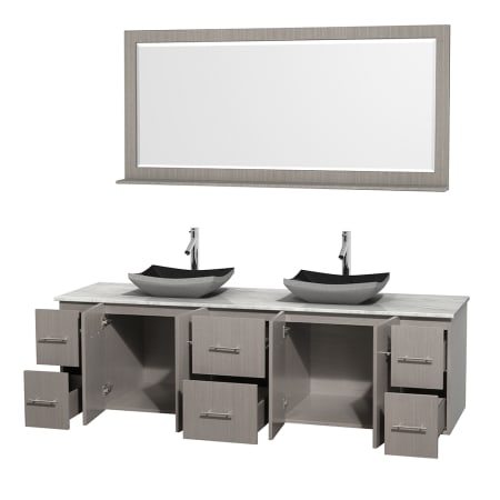 Open Vanity View with White Carrera Marble Top, Vessel Sinks, and 70" Mirror