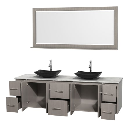 Open Vanity View with White Carrera Marble Top, Vessel Sinks, and 70" Mirror