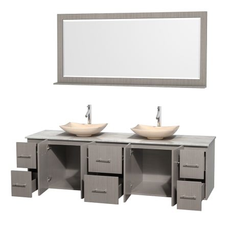 Open Vanity View with White Carrera Marble Top, Vessel Sinks, and 70" Mirror