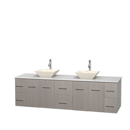 Full Vanity View with White Stone Top and Vessel Sinks