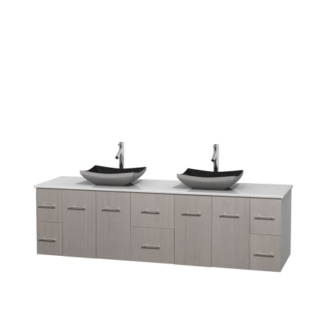 Full Vanity View with White Stone Top and Vessel Sinks