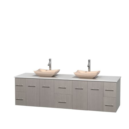 Full Vanity View with White Stone Top and Vessel Sinks