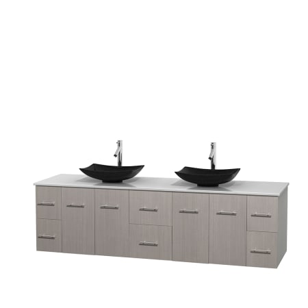 Full Vanity View with White Stone Top and Vessel Sinks