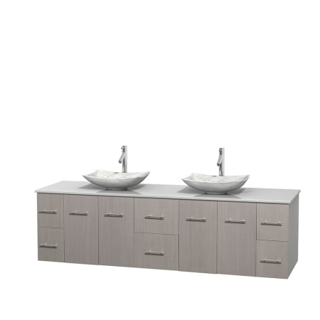 Full Vanity View with White Stone Top and Vessel Sinks