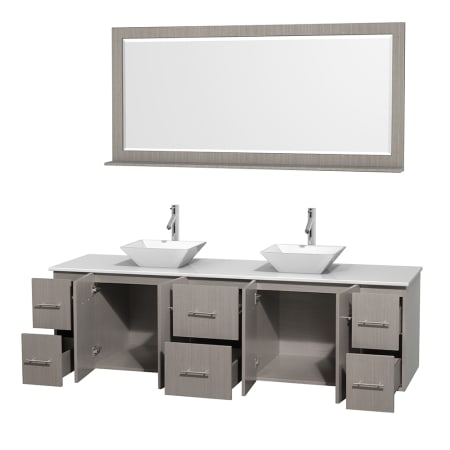 Open Vanity View with White Stone Top, Vessel Sinks, and 70" Mirror