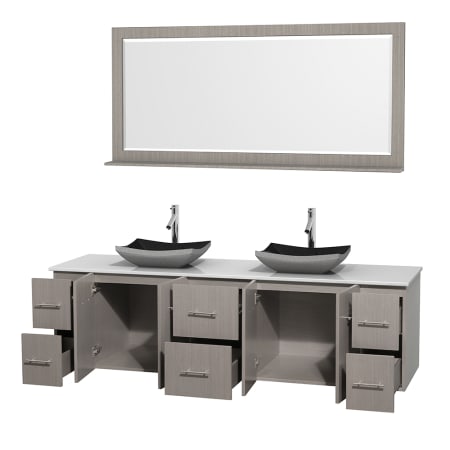 Open Vanity View with White Stone Top, Vessel Sinks, and 70" Mirror