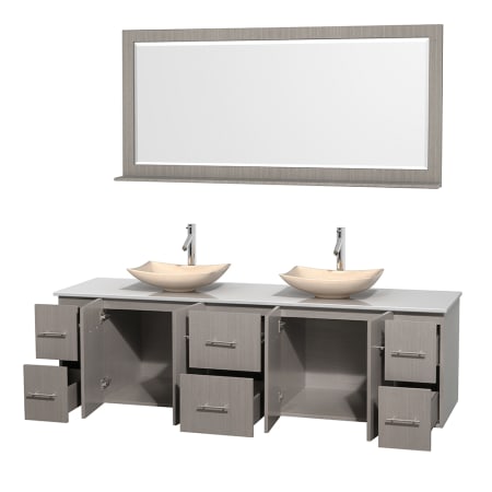 Open Vanity View with White Stone Top, Vessel Sinks, and 70" Mirror