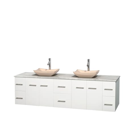 Full Vanity View with White Carrera Marble Top and Vessel Sinks