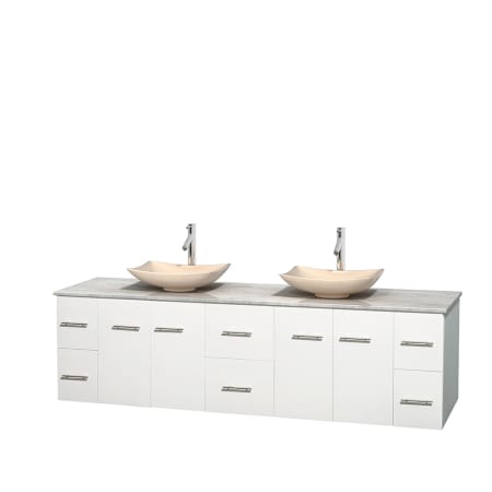 Full Vanity View with White Carrera Marble Top and Vessel Sinks