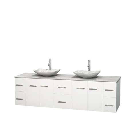 Full Vanity View with White Carrera Marble Top and Vessel Sinks