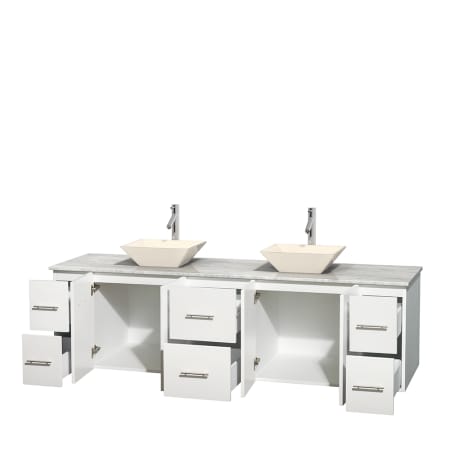 Open Vanity View with White Carrera Marble Top and Vessel Sinks