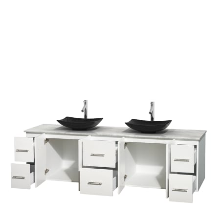 Open Vanity View with White Carrera Marble Top and Vessel Sinks